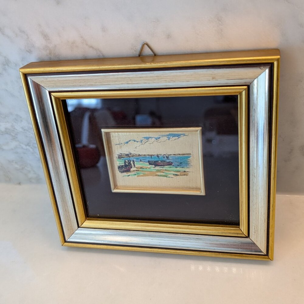 Vintage Italian Fisherman and Sail Boats Picture with Goal Leaf